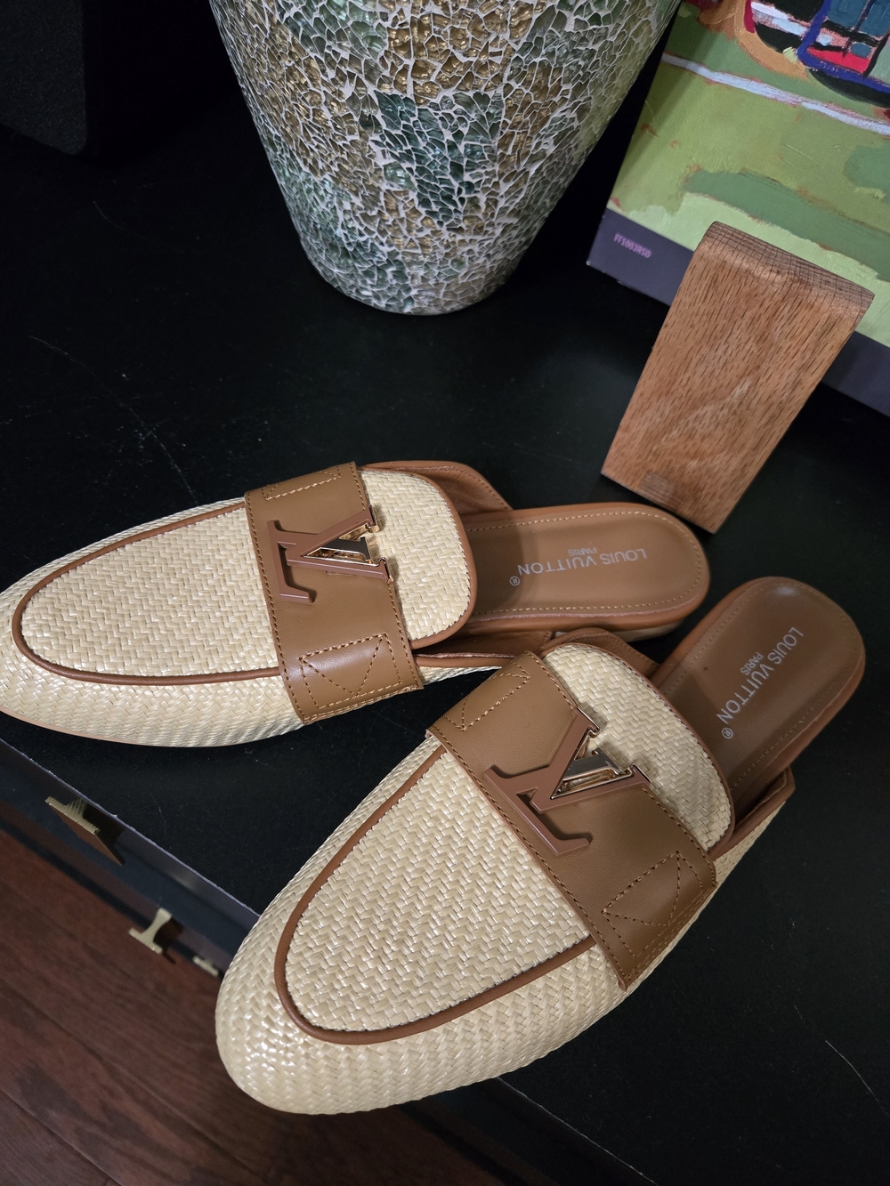 Louis Vuitton Mare Tan & Natural Raffia Slip-On Loafers Size 40